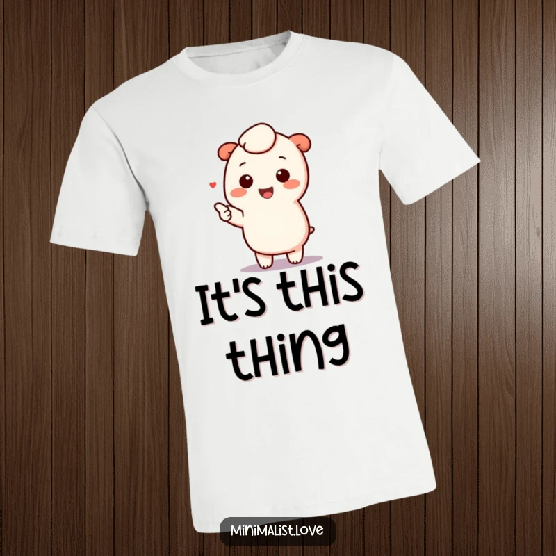 Funny kawaii character joyfully pointing at a single minimalist detail on a t-shirt, embodying cheerful simplicity and cute design.