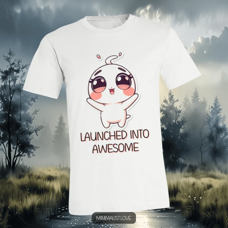 Funny T-Shirt of a bubbly character with large eyes, comically soaring upwards. Great funny gift.