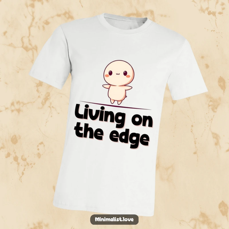 Funny T-Shirt featuring a minimalist character precariously balancing on a thin line, looking unsure.