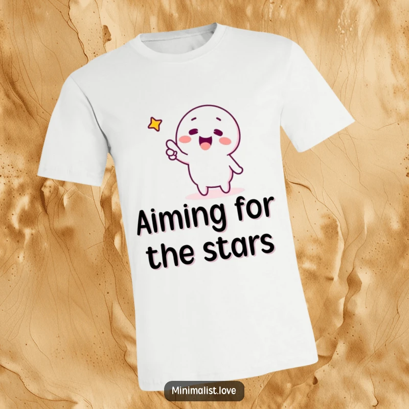 Funny minimalist character excitedly pointing at a single star, on a t-shirt. Inspirational, simple, and humorous apparel.
