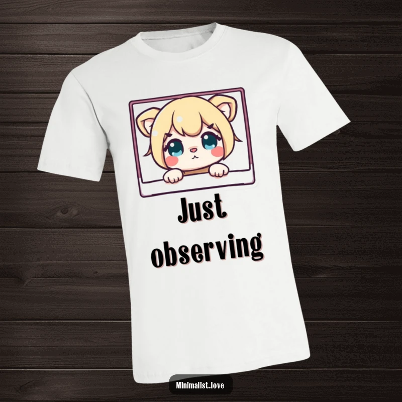 Funny t-shirt depicting a curious character with wide eyes peeking from behind a stark, clean rectangular shape, suggesting hidden secrets.