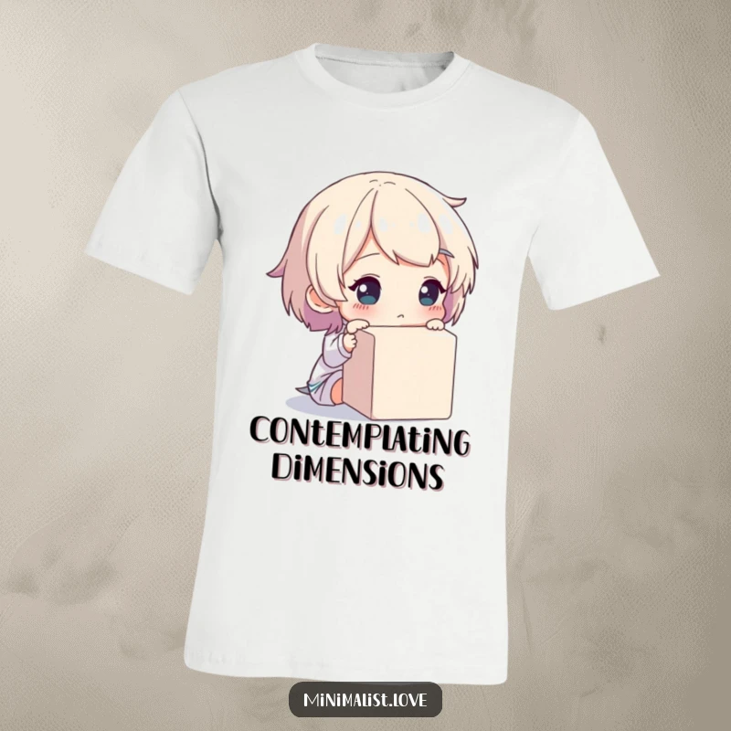 Funny t-shirt with a character thoughtfully observing a simple, unadorned cube, for the deep thinkers.