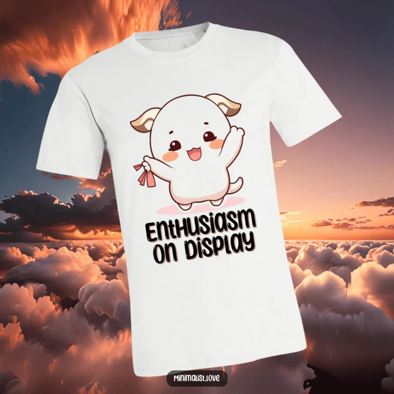 Funny T-Shirt of a happy character with rosy cheeks, enthusiastically waving a small piece of fabric. Great funny gift.