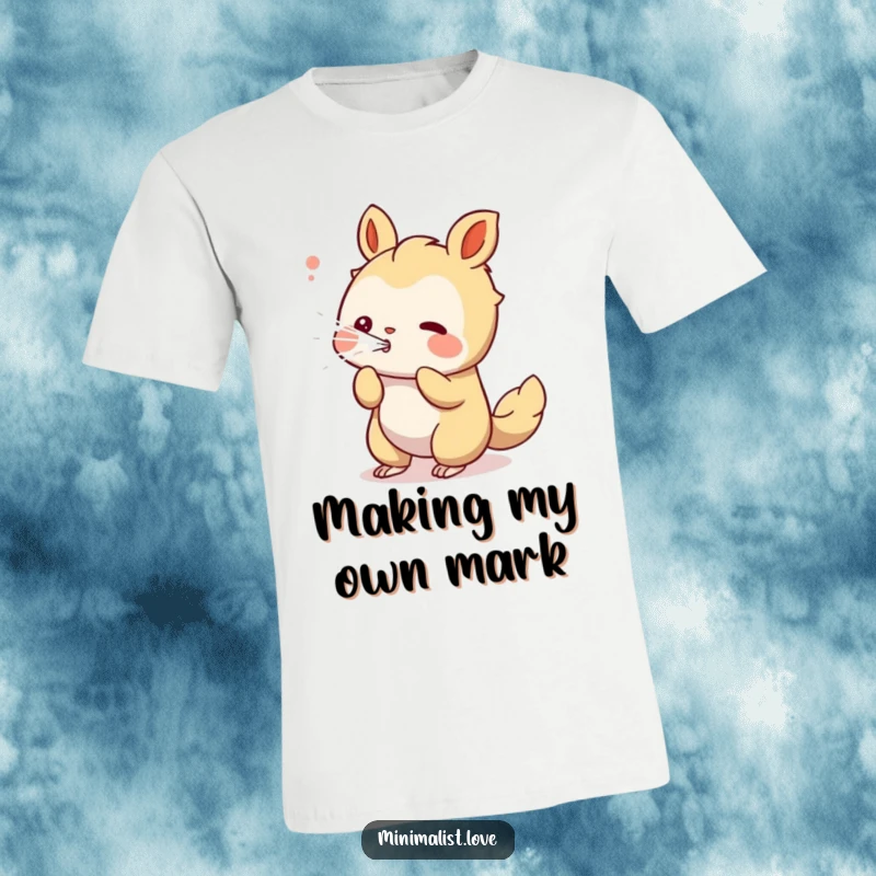 Funny playful creature t-shirt depicting a character blowing a stream of clean, white lines with joy.
