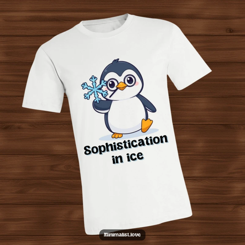 Funny T-shirt showcasing a penguin wearing a monocle, meticulously balancing a perfect snowflake with dapper, whimsical grace.