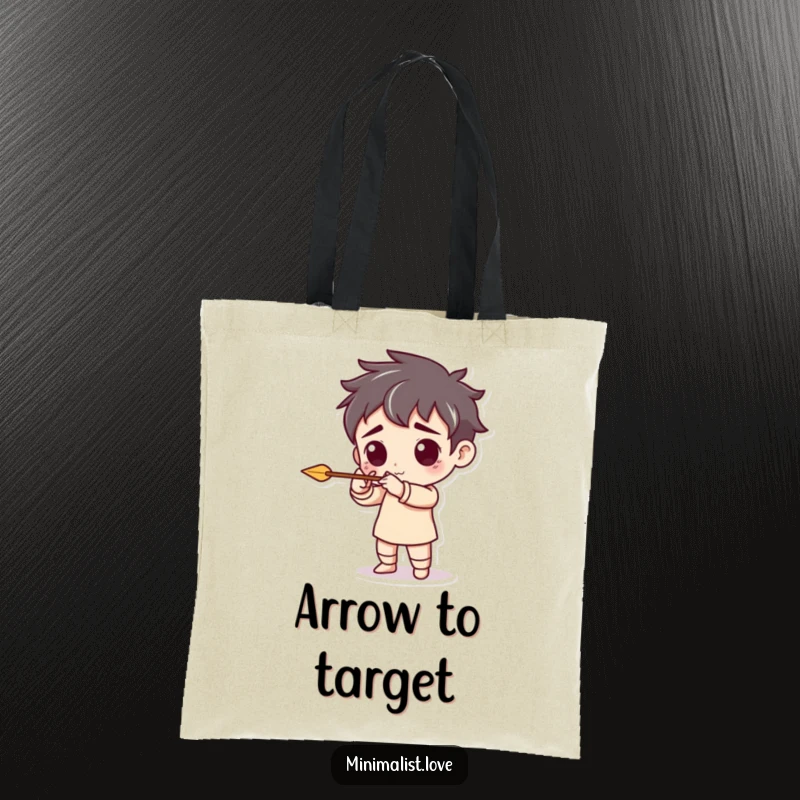 Funny tote bag with a character pretending to aim a tiny, minimalist arrow, perfect for carrying items with focus.