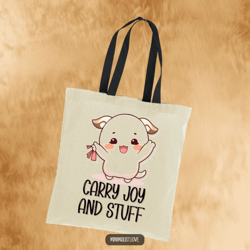 Funny Tote Bag showing a happy character with blushes, waving a small fabric, perfect for cheerful outings. Wonderful funny gift.
