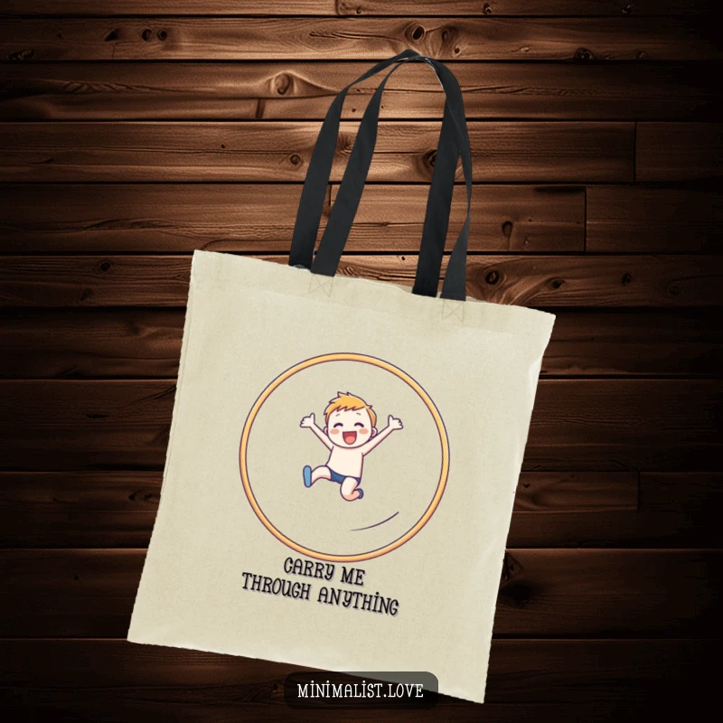 Funny cheerful figure tote bag showing a dynamic leap through a clean, linear hoop, symbolizing ambition.