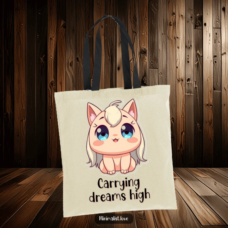 Funny tote bag depicting a character with wide, happy eyes stretching gracefully upwards, perfect for carrying essentials with serene style.