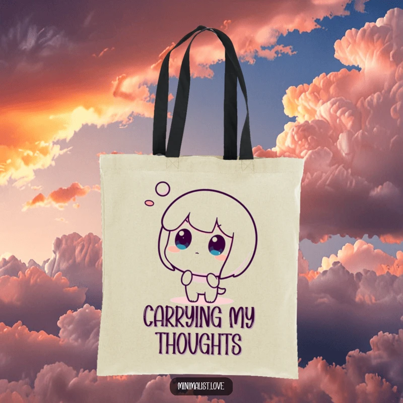 Funny tote bag illustrating a character bewildered by an abstract form, useful and amusing.