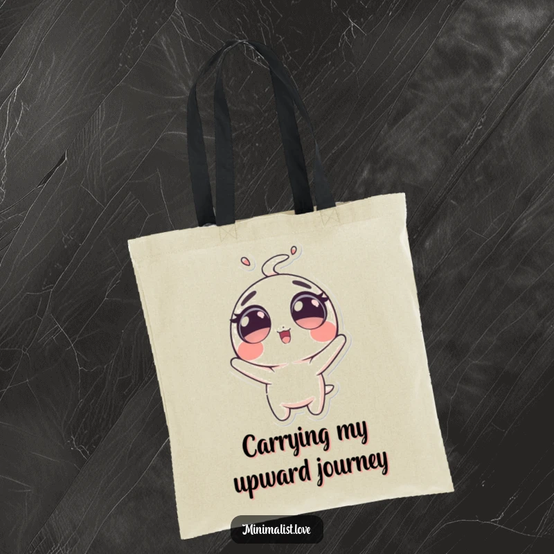 Funny Tote Bag of a bubbly character with large eyes, comically launched upwards. Wonderful funny gift.