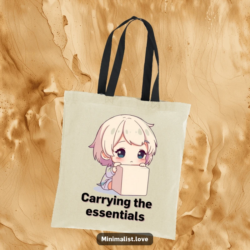 Funny tote bag showing a character thoughtfully looking at a plain cube, ideal for everyday use.
