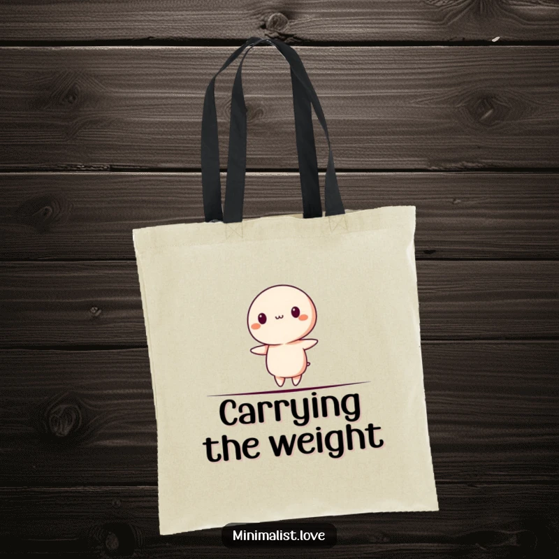Funny Tote Bag featuring a minimalist character precariously balancing on a thin line, symbolizing life's challenges.