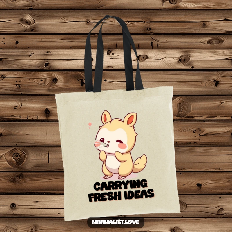 Funny playful creature tote bag depicting a character blowing a stream of clean, white lines, for artistic flair.