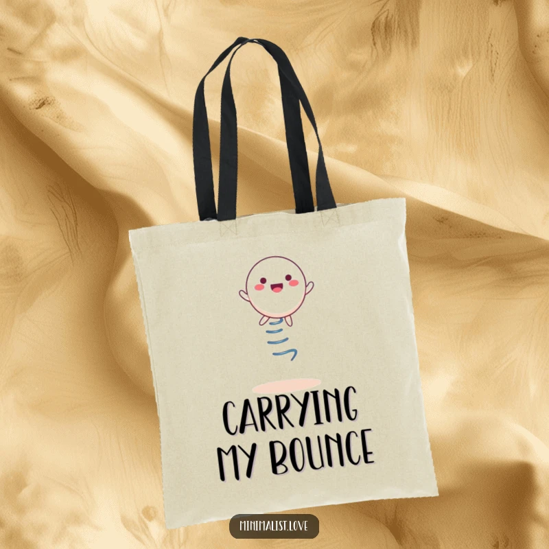 Funny Tote Bag, a round character bouncing on a spring, ideal for carrying items.
