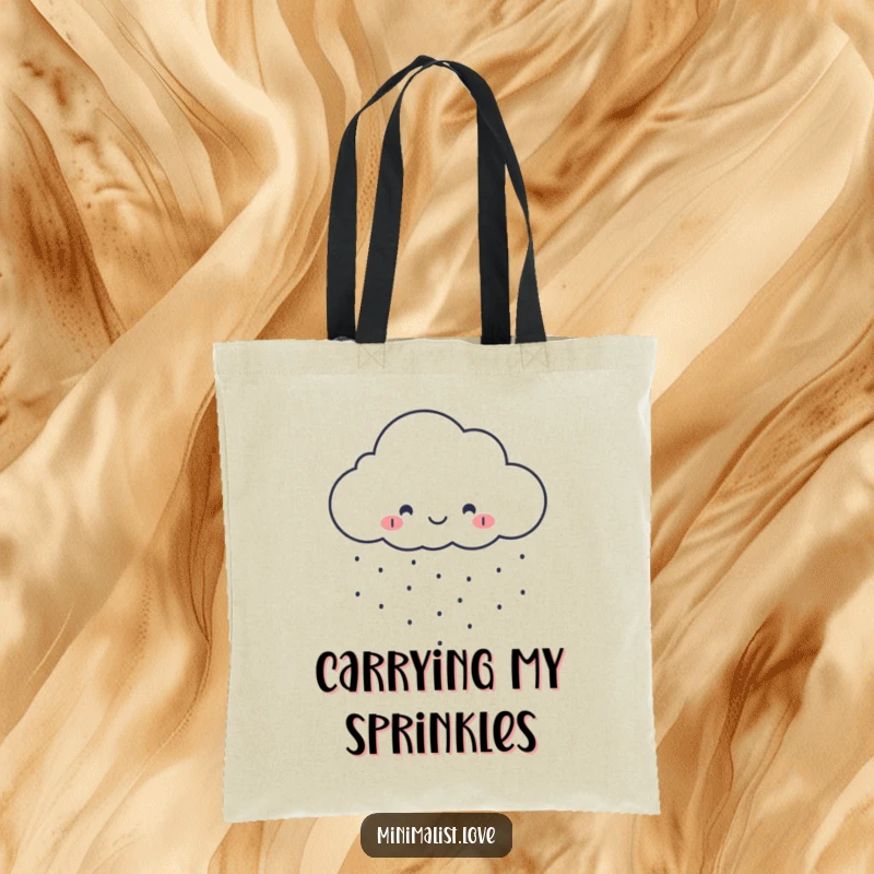 Funny minimalist cloud tote bag smiling and raining tiny perfect dots, perfect for stylish and cheerful errands.