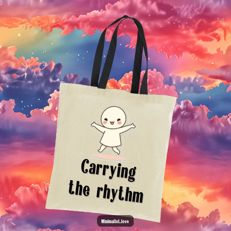 Funny minimalist character dancing with simple geometric shapes, on a tote bag. A humorous and stylish accessory for art lovers.