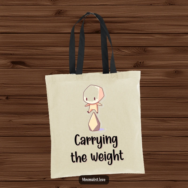 Funny geometric shape character trying to balance on a single point, showcased on a humorous tote bag.
