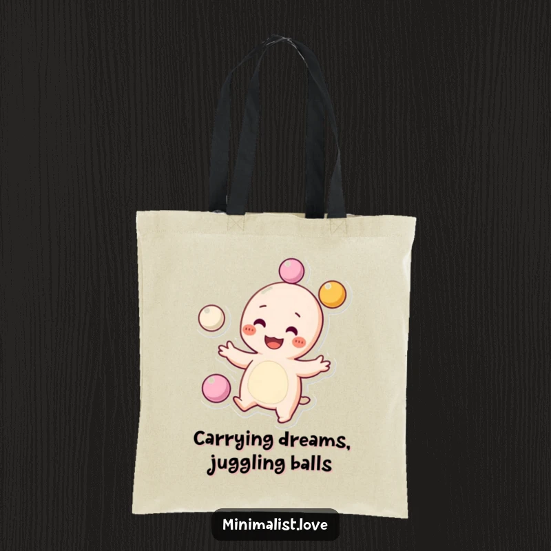 Funny Tote Bag featuring a grinning character with dots for cheeks, playfully juggling spheres, showcasing a happy vibe. Wonderful funny gift.