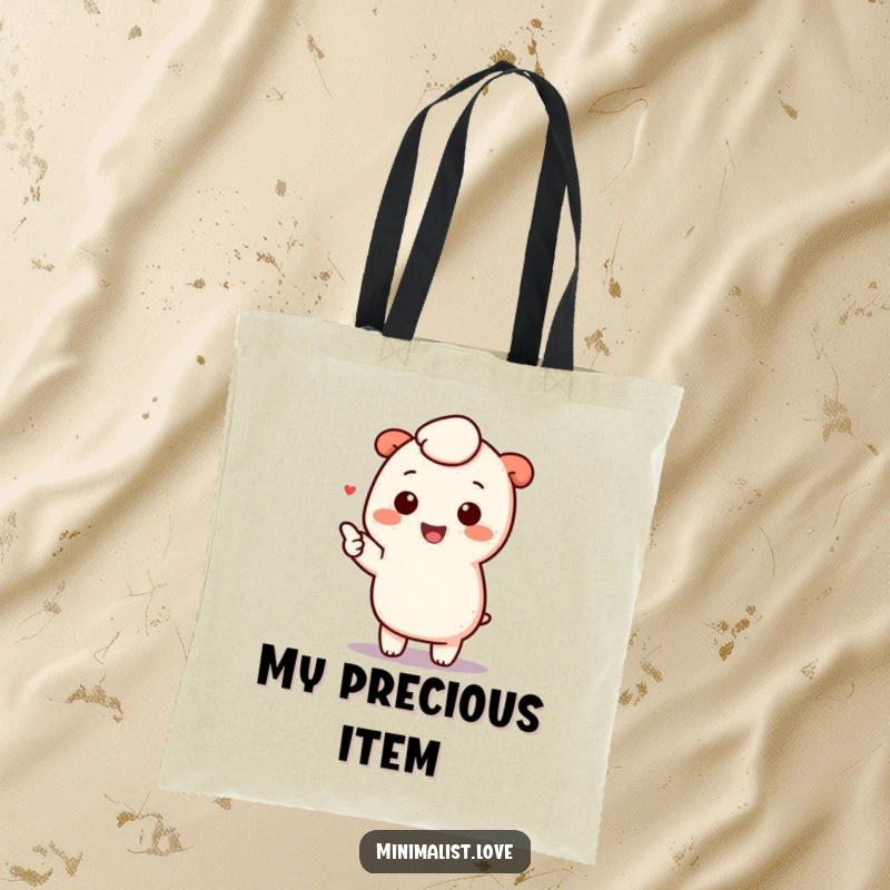 Funny kawaii character pointing joyfully at a minimalist element, printed on a practical tote bag, ideal for cute and functional carrying.