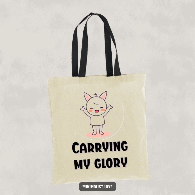 Funny Tote Bag featuring a minimalist character cheering joyfully while standing on a circle, great for everyday use.