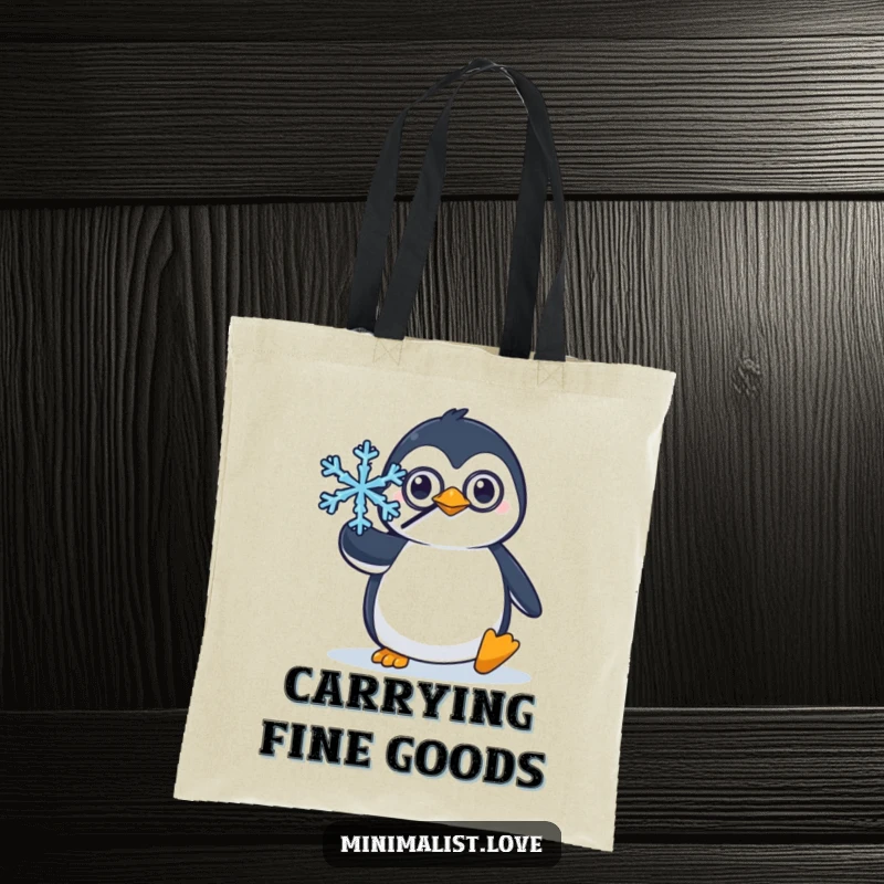 Funny tote bag with a penguin wearing a monocle, balancing a snowflake, perfect for stylish and humorous everyday use.