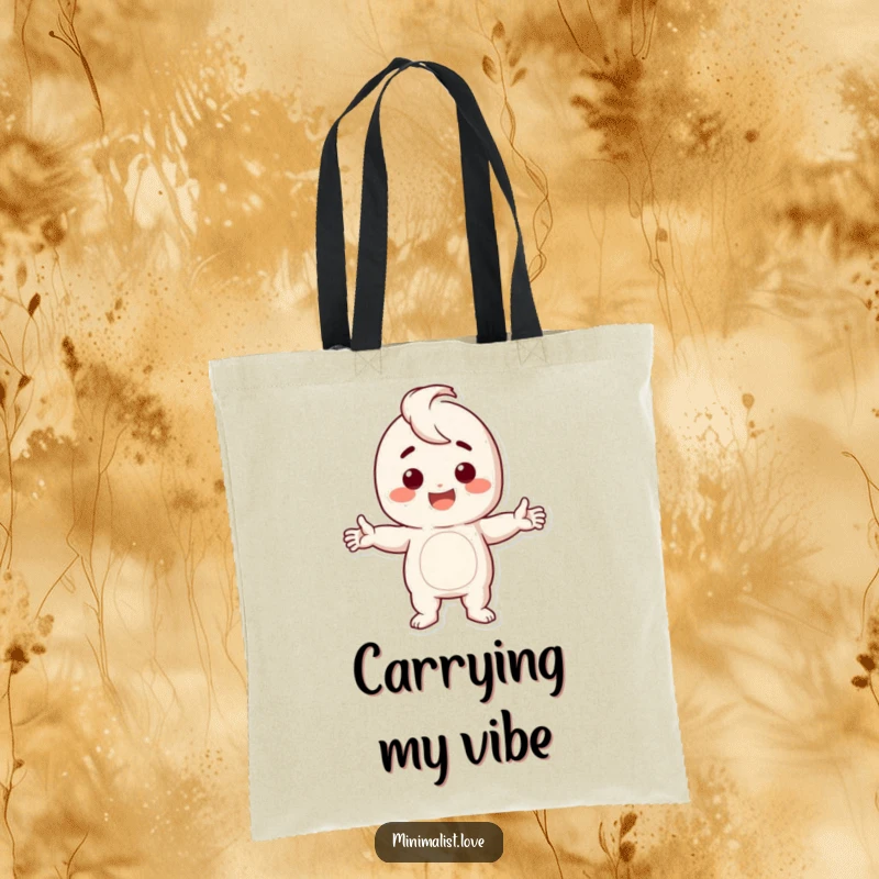 Funny Tote Bag with a happy character striking a confident stark pose, arms apart, promoting humor and bold style.