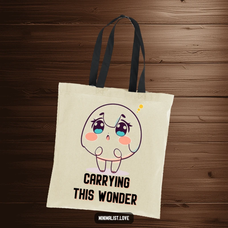 Funny Character Tote Bag: A tote bag depicting a surprised character looking up at a single descending dot.