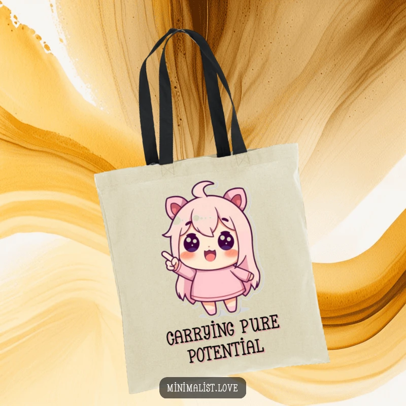 Funny tote bag showing a character pointing enthusiastically towards an empty space, perfect for shoppers.