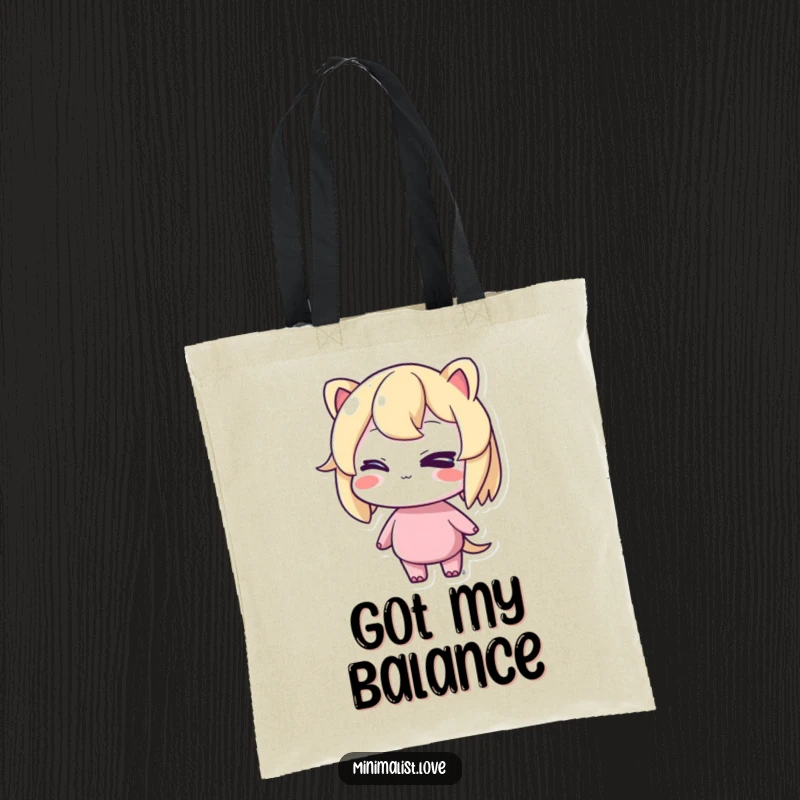 Funny tote bag depicting a character winking cheekily while standing in perfect balance, perfect for carrying essentials with playful style.