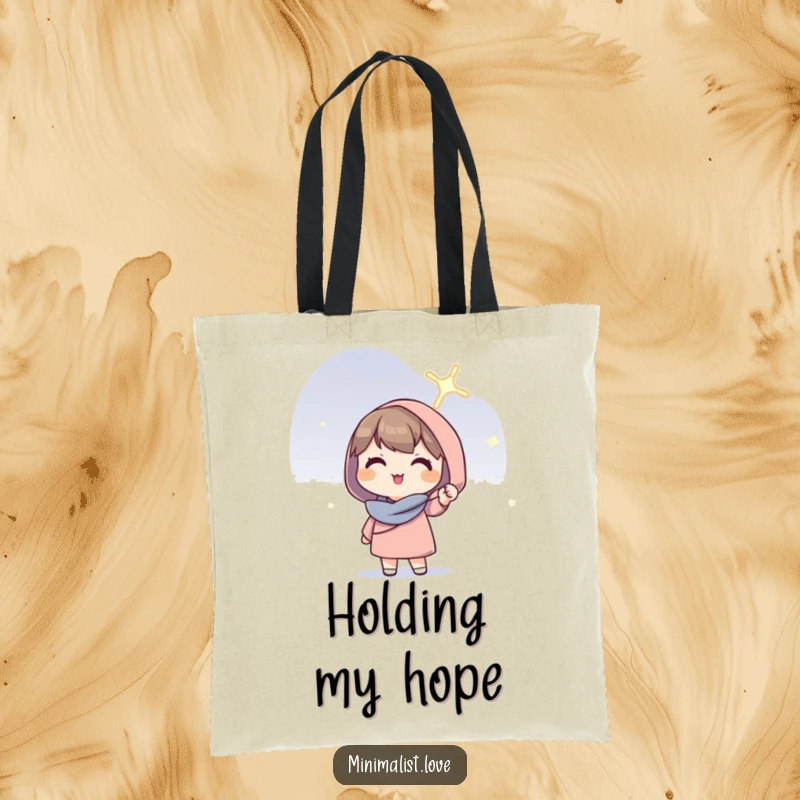 Funny Character Tote Bag: A tote bag featuring a hopeful character holding a solitary, glowing line aloft.