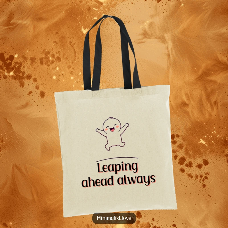 Funny Tote Bag showcasing a minimalist character joyfully leaping over a simple line, perfect for everyday errands.