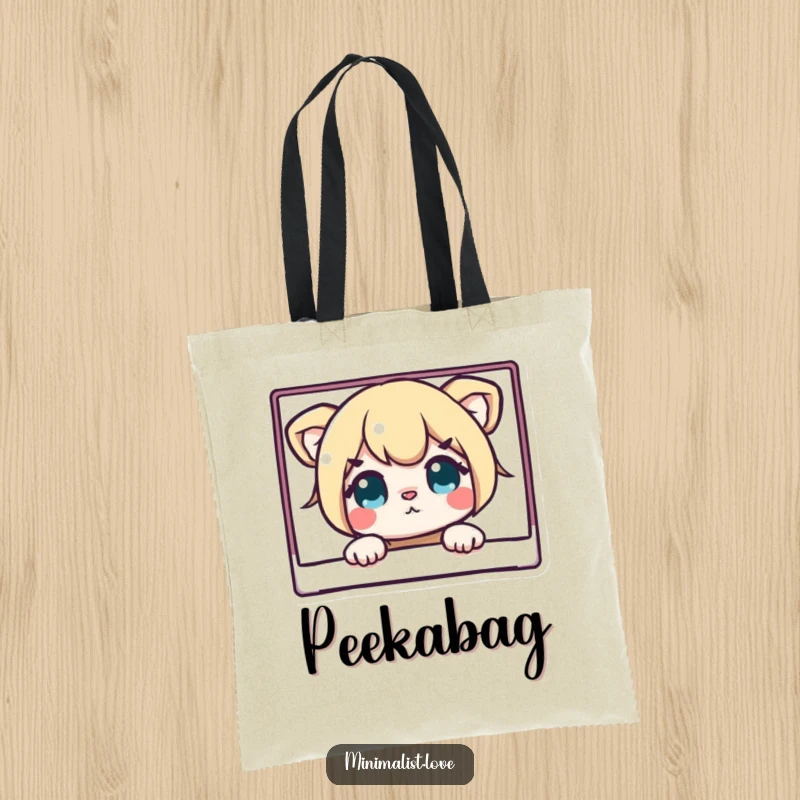 Funny tote bag with a curious character peeking from behind a spotless rectangle, perfect for shopping with a hint of mystery.